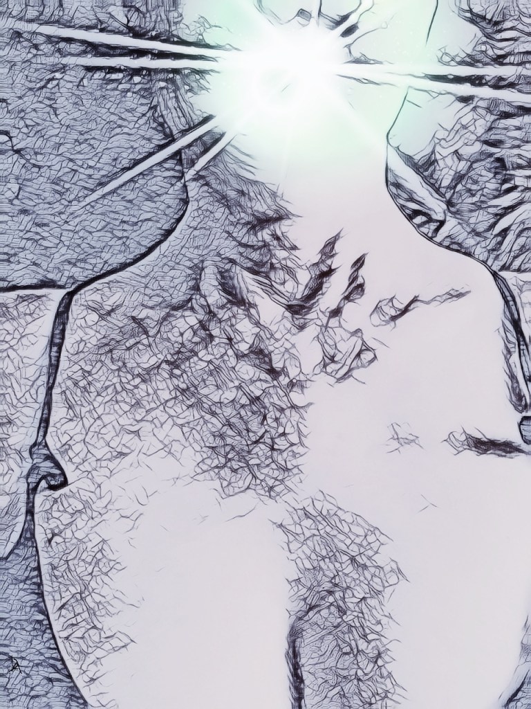 Artistic drawing of woman's lower half of face and chest, tinted blue. Bright light with green tint emanates from mouth, erasing all facial features. 